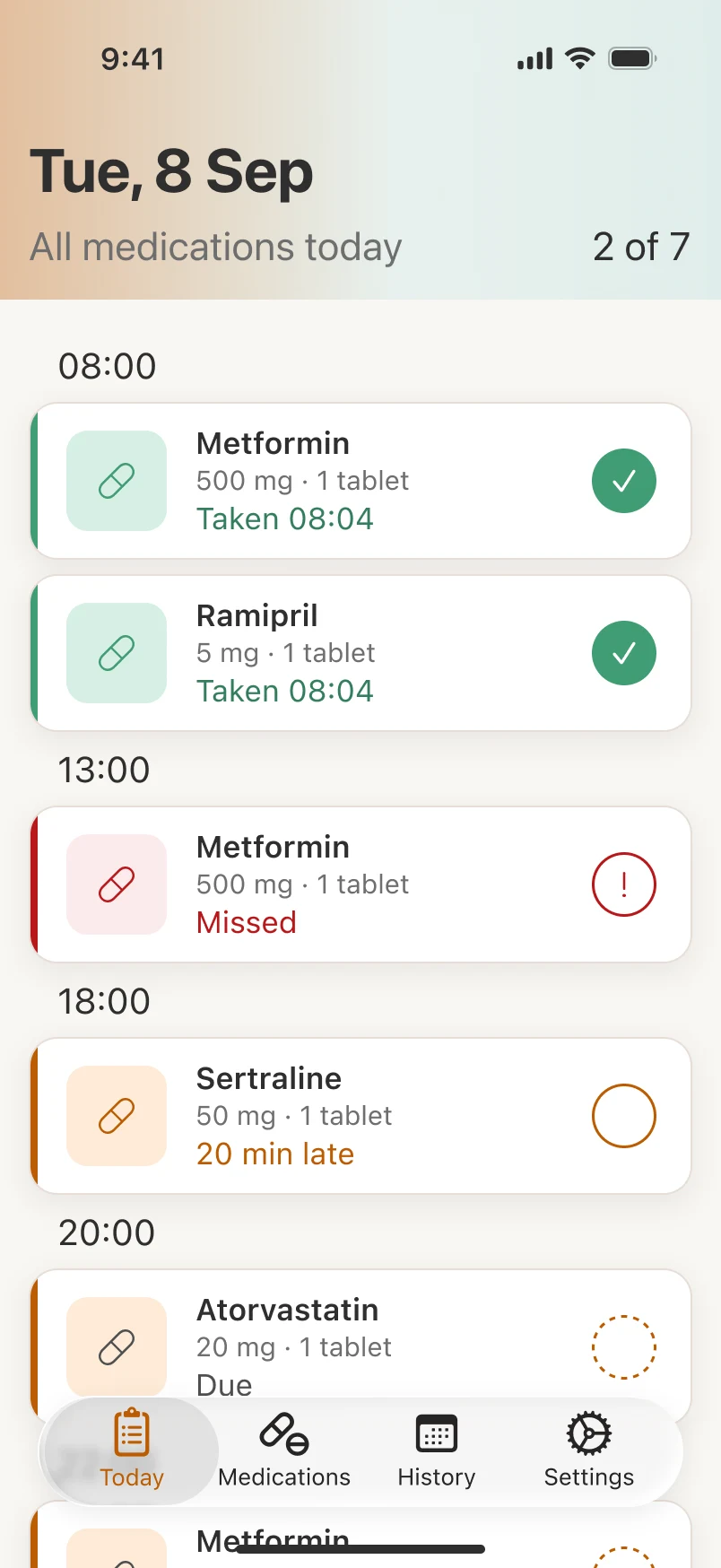 Leaph’s Today screen: two of seven doses taken, a missed 13:00 dose of Metformin, Sertraline 20 minutes late and Atorvastatin due at 20:00.